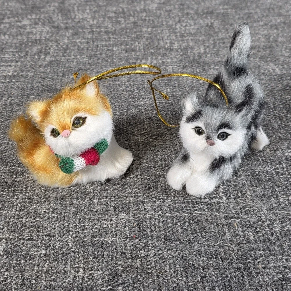 2 Faux Fur Kitten Ornaments Orange Ginger & Gray Tabby Cat Miniature Figurines